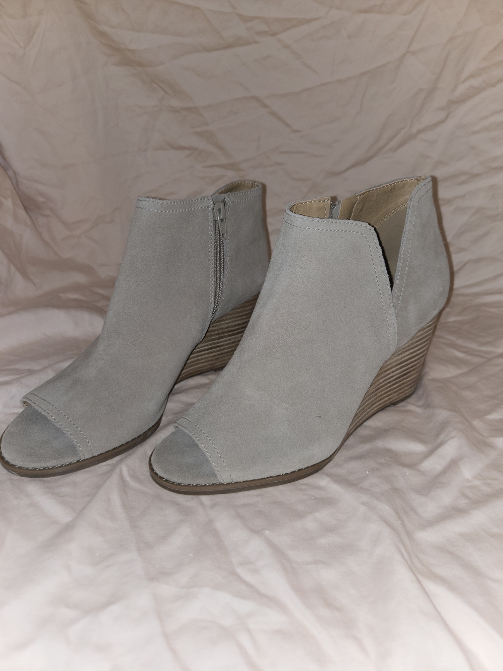 Lucky Brand Gray Suede Open-Toe Wedge Booties